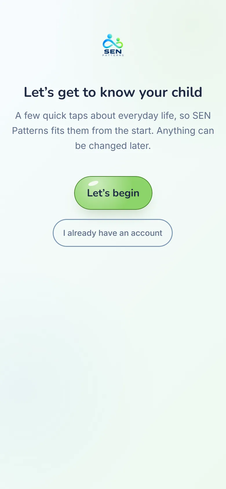 The start of setting up SEN Patterns, before making an account.