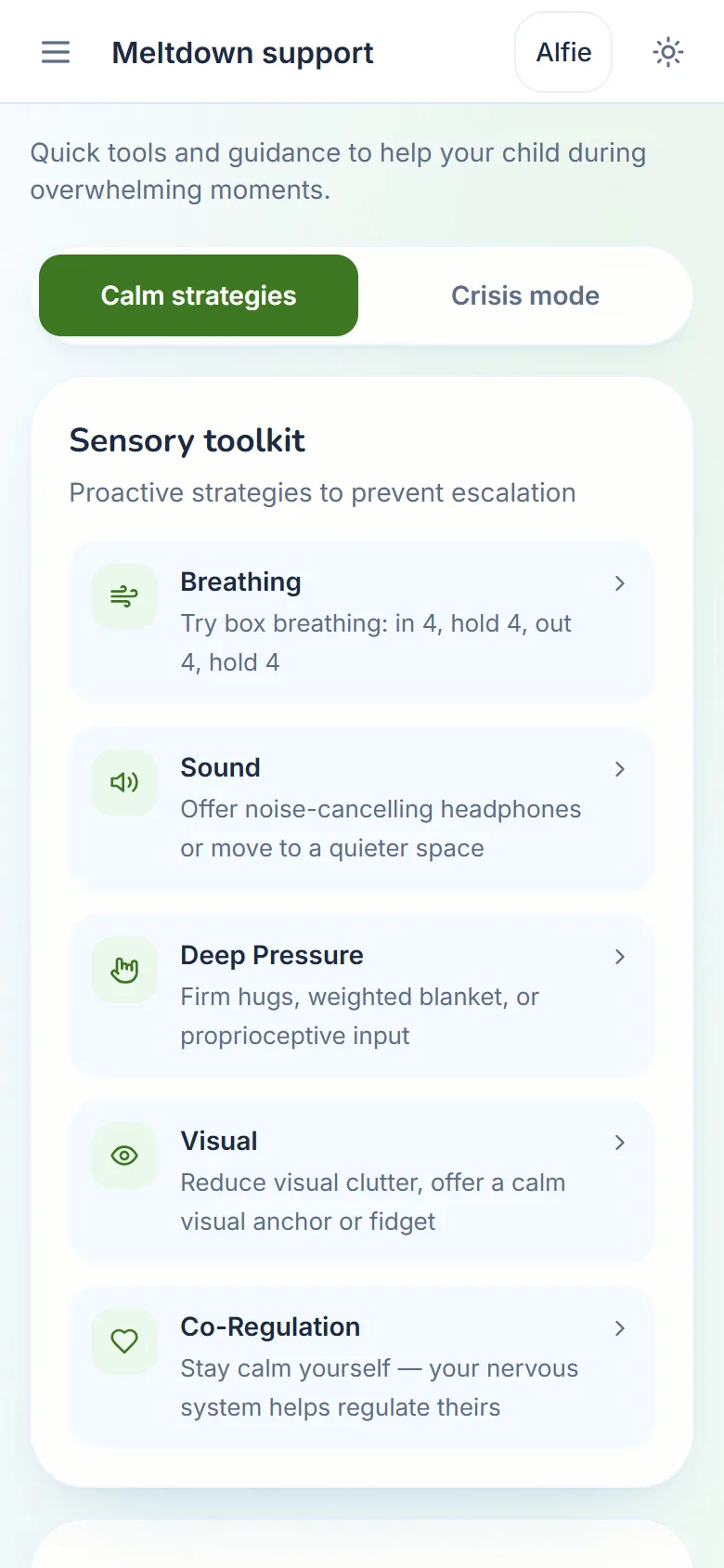 Meltdown support: the sensory toolkit, with breathing, sound and deep pressure.