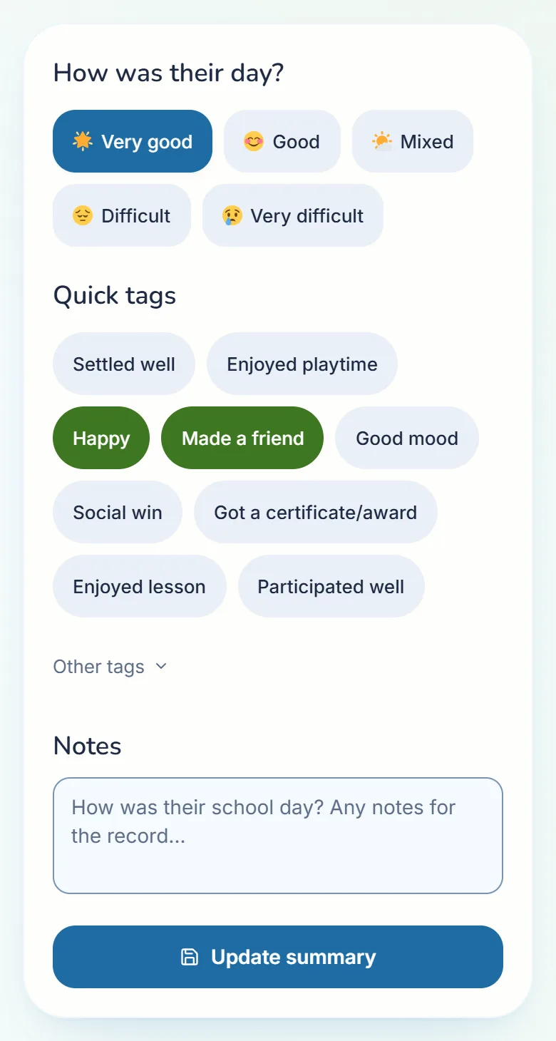 A school day already written down: how it went, and quick tags for what came up.